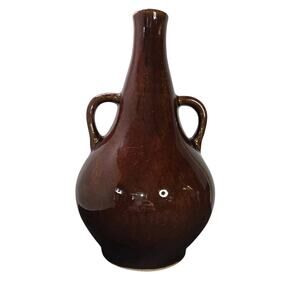 Mid Century Modern Brown Glazed Ceramic Handled 10" Vase, Vintage Art Pottery